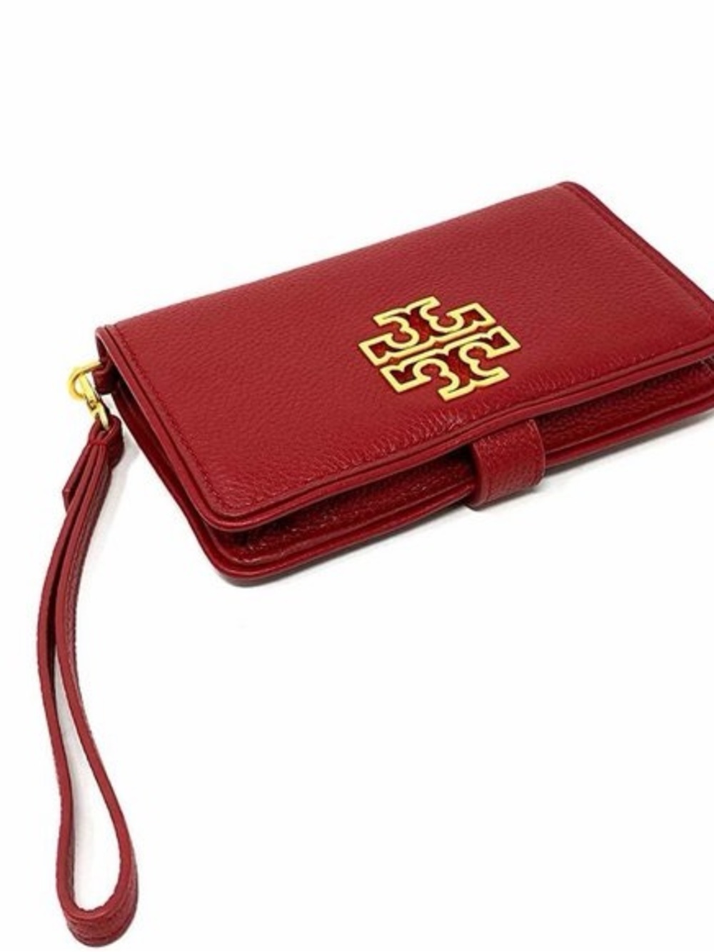 TORY BURCH Red Leather Wristlet with Gold Logo Accent